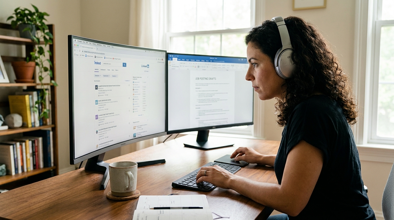 Female entrepreneur working on job posting optimization in her home office.