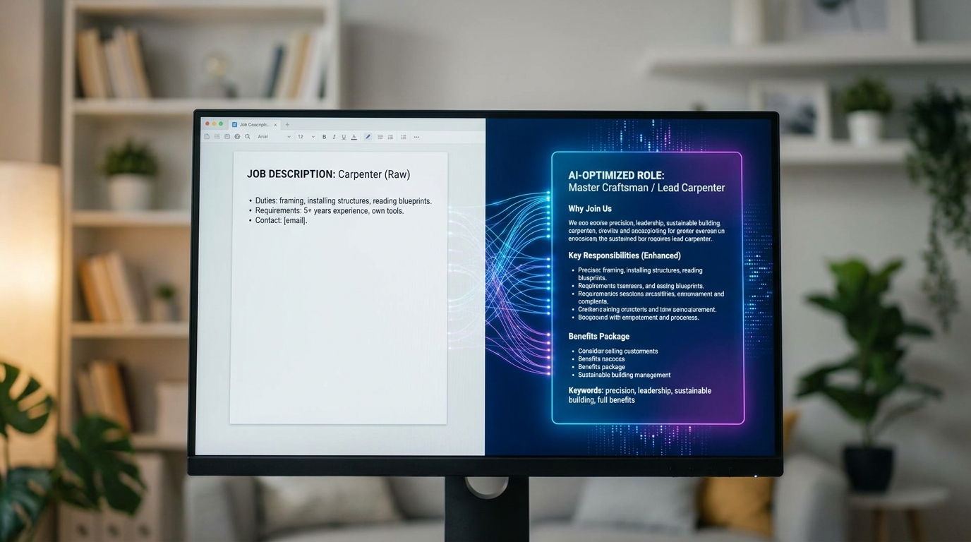 Computer screen displaying an original and an AI-optimized job posting for a carpenter.