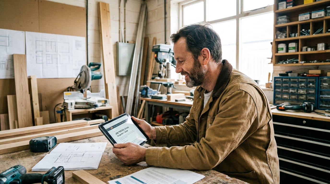 Trades business owner reviewing an optimized job posting on a tablet in their workshop.