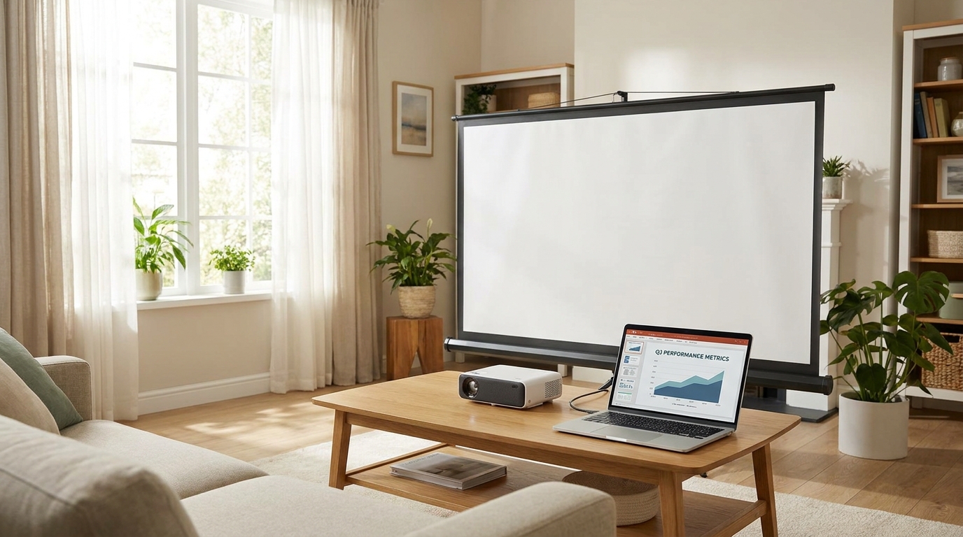 Projector and screen set up in a living room for a small business meeting.