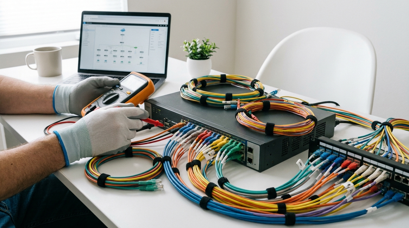Hands of a technician troubleshooting a network router with organized cables.