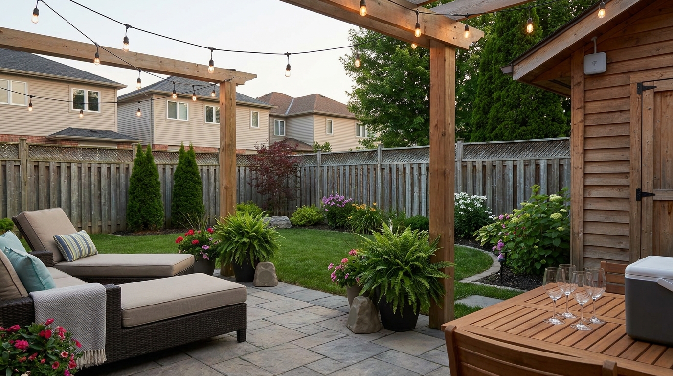 Outdoor sound system and Wi-Fi extender discreetly set up in a suburban backyard.