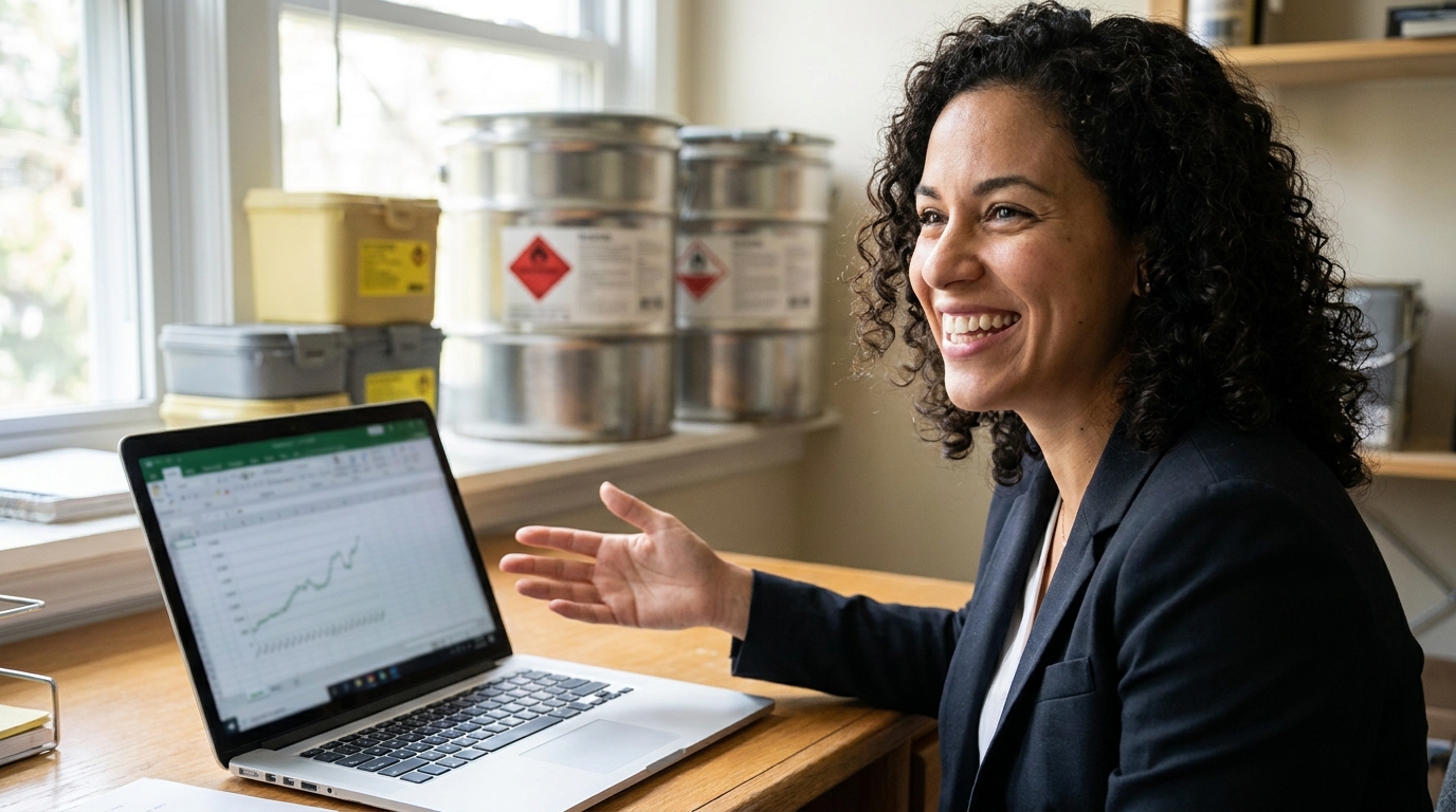 Natalie Rosario smiling, gesturing about her first lucrative hazardous waste disposal contract.