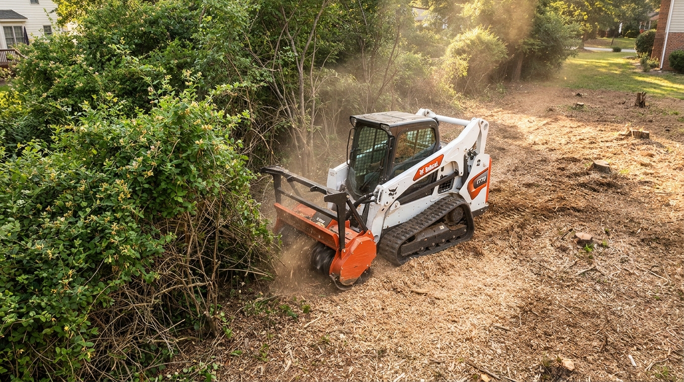 Bobcat T770 mulching machine clearing dense honeysuckle from a residential backyard, showing a clean, mulched area.