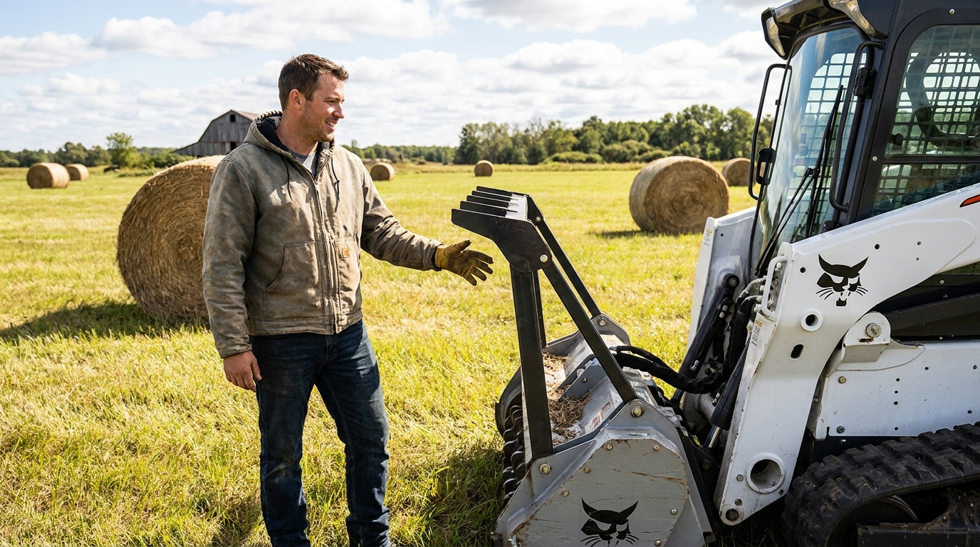 Entrepreneur explaining the features of a Bobcat T86 mulching head attachment in a field.