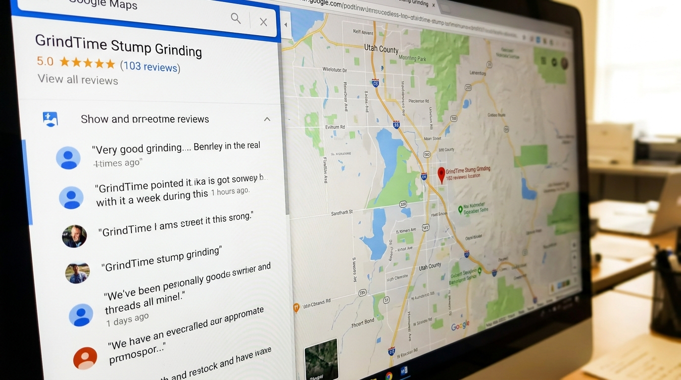 Screenshot of GrindTime Stump Grinding's Google My Business profile showing high ratings and reviews.