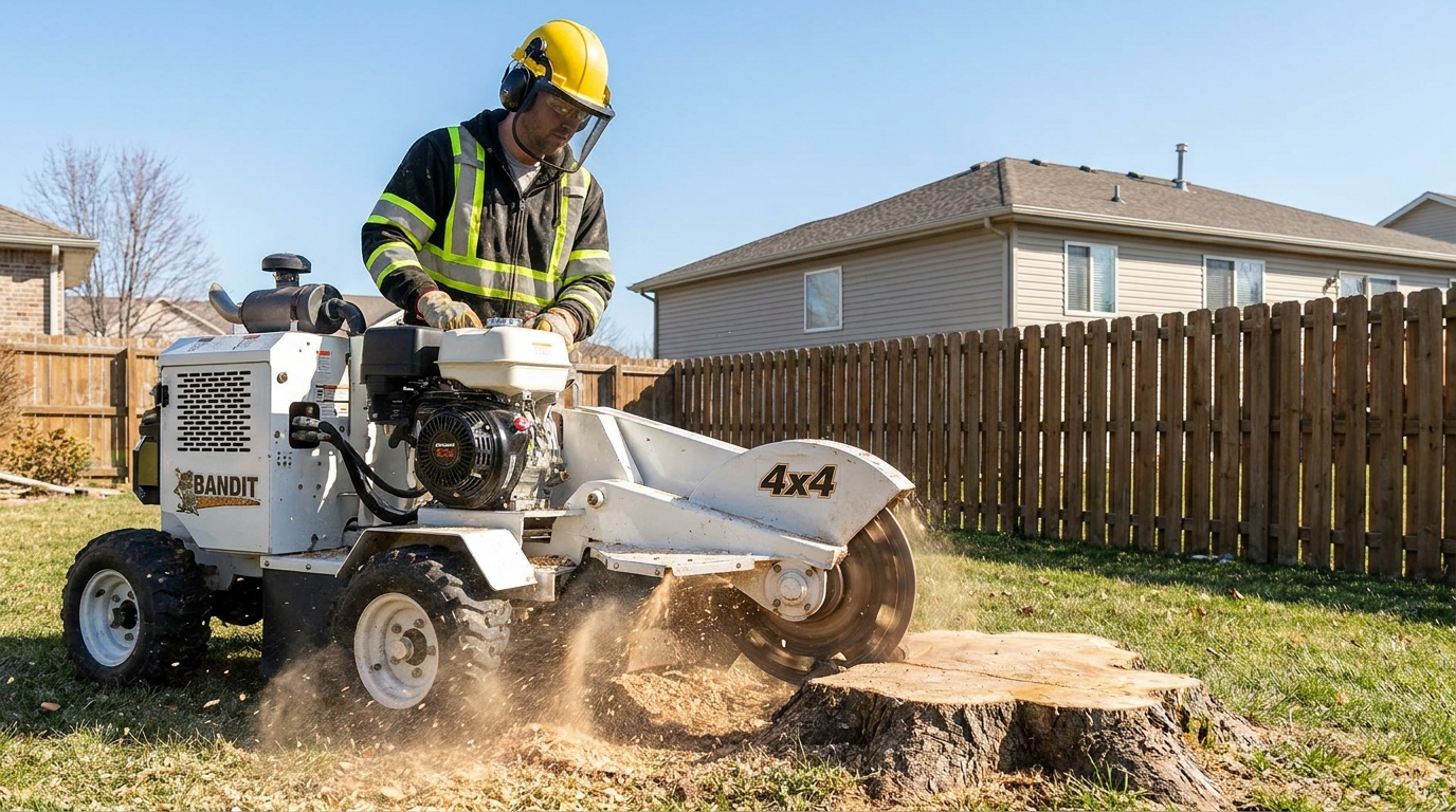 Tyler operating a stump grinder, actively grinding a tree stump in a backyard.