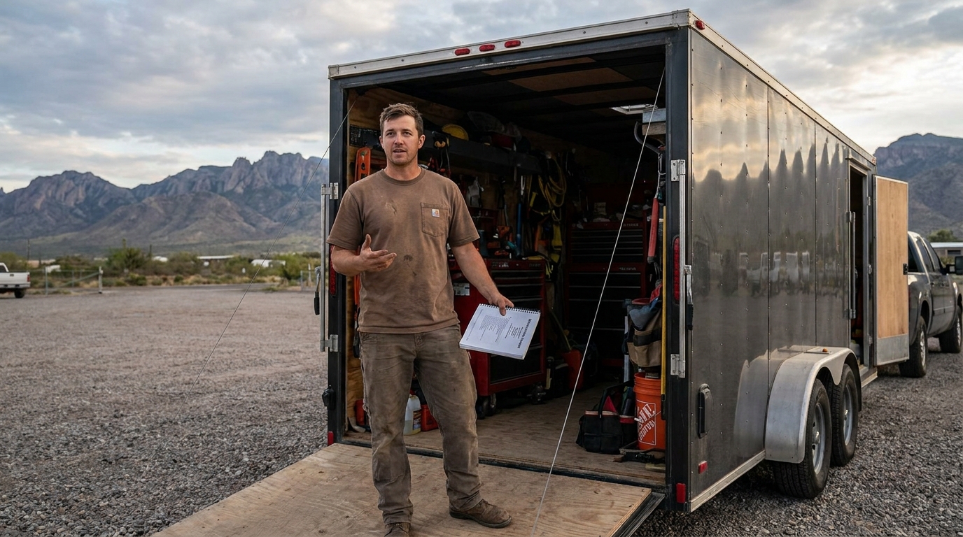Tyler presenting his business playbook or course material from inside his trailer.