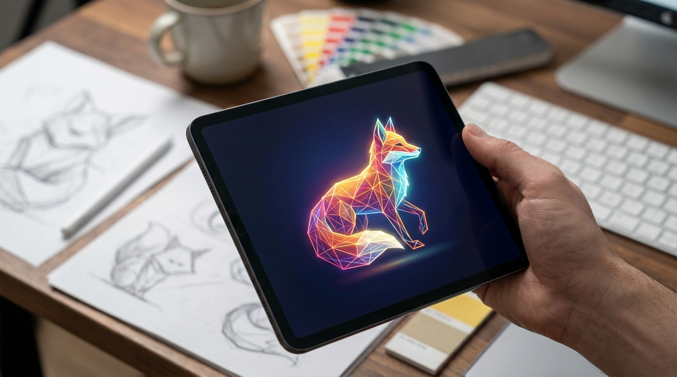 A hand holding a tablet displaying a colorful AI-generated design for a print-on-demand product.