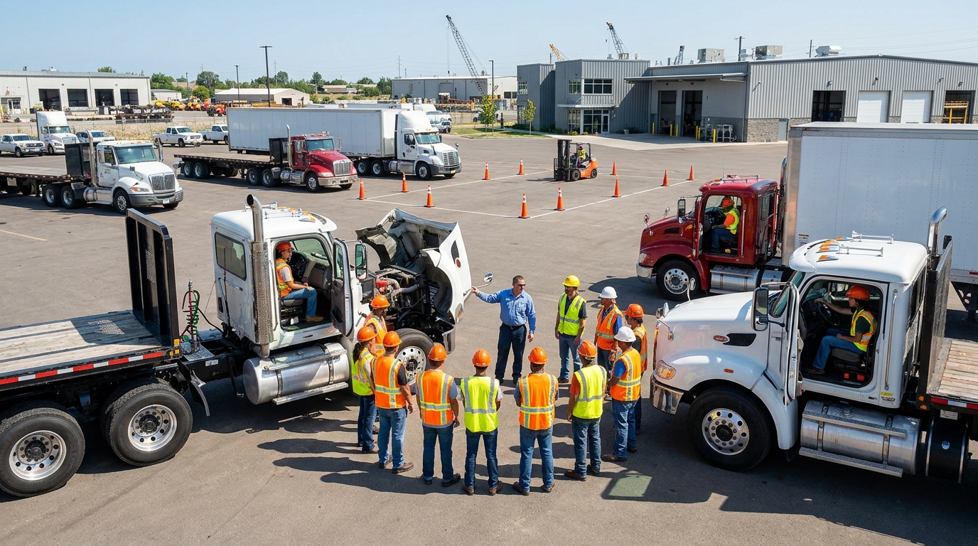 Students learning to drive large commercial trucks in an outdoor training yard with an instructor.