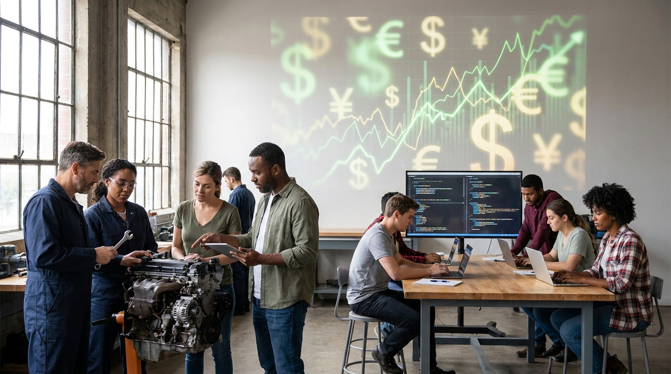 Students learning in a trade school, with a subtle overlay of financial symbols representing government grants.