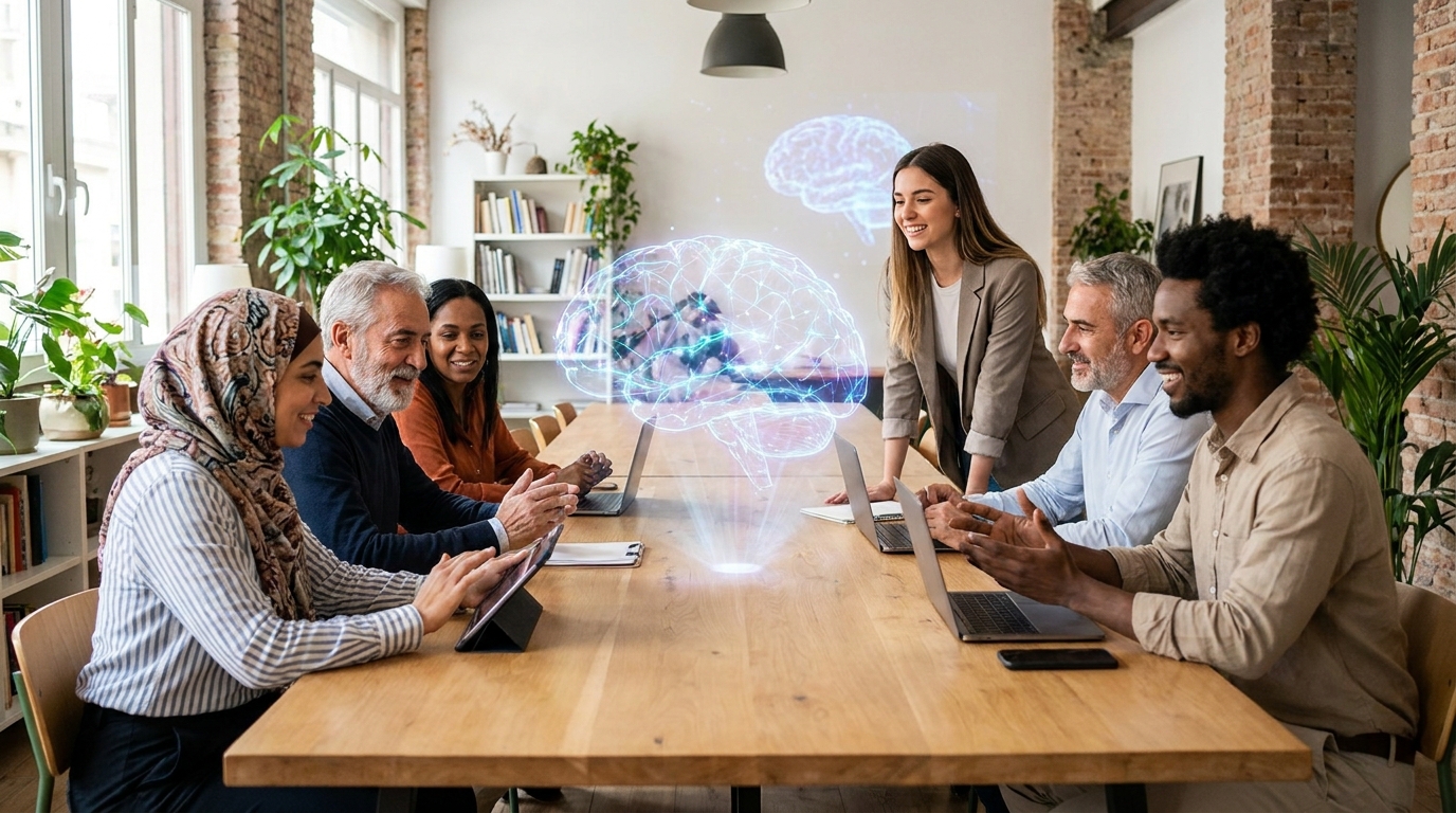 A diverse group of entrepreneurs in a co-working space, with abstract AI graphics, symbolizing AI as an equalizer.