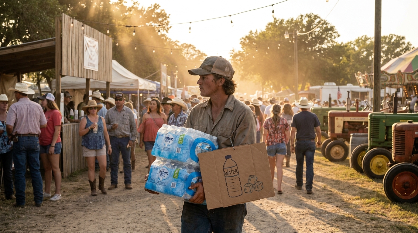 A determined person carries cases of bottled water through a bustling rural Texas community fairground, ready to sell.
