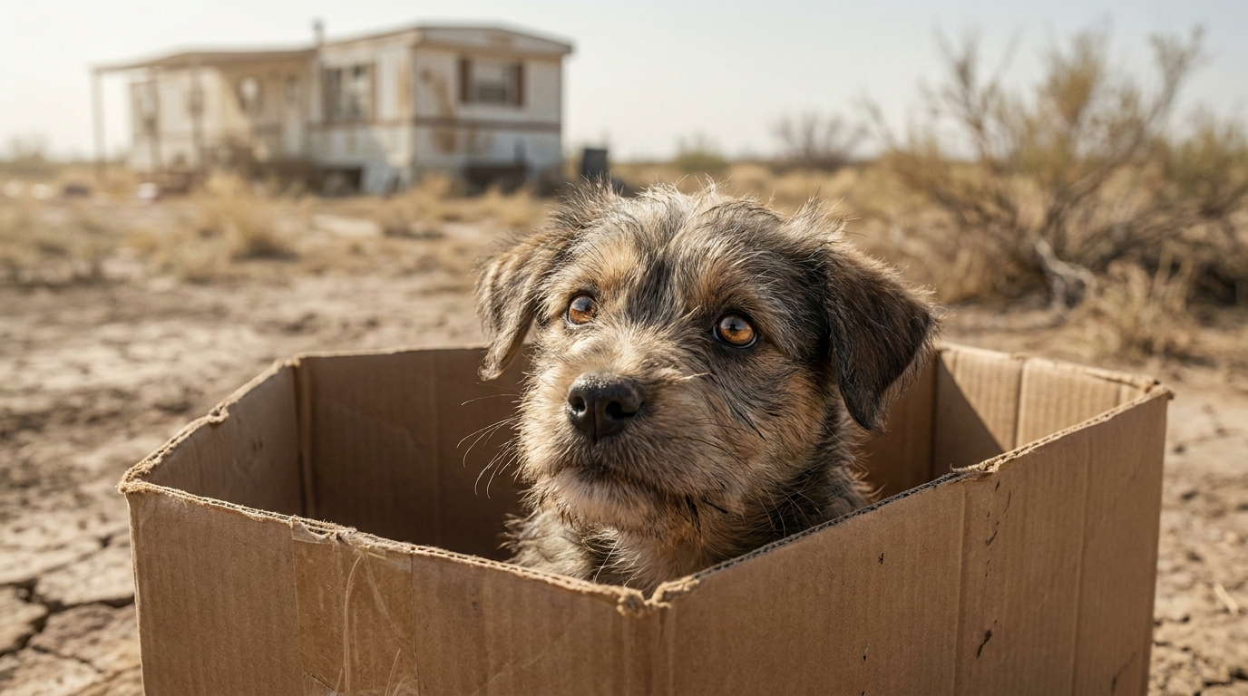 A small, scruffy puppy with hopeful eyes looks up from a cardboard box in a desolate rural Texas setting.