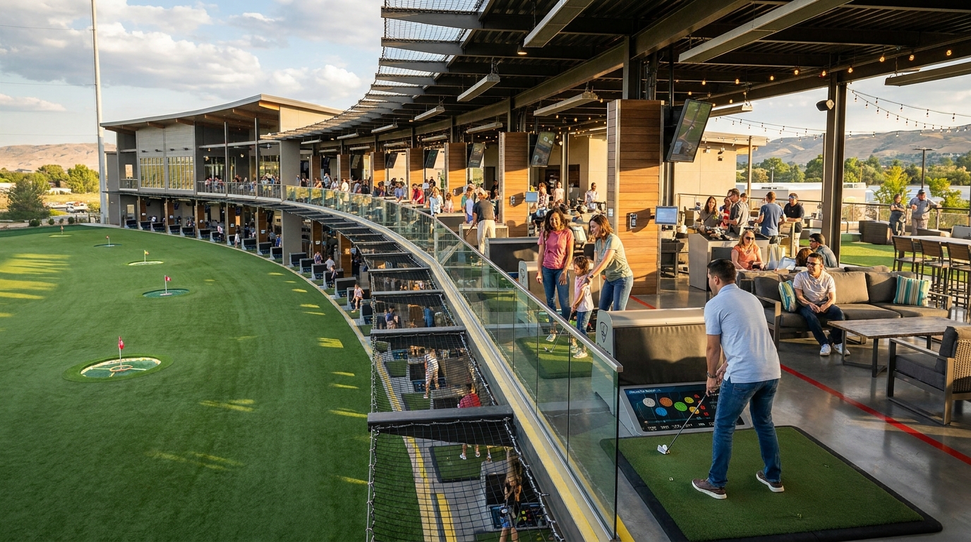 People of various ages enjoying golf in comfortable, modern hitting bays at a Golf Ranch facility.