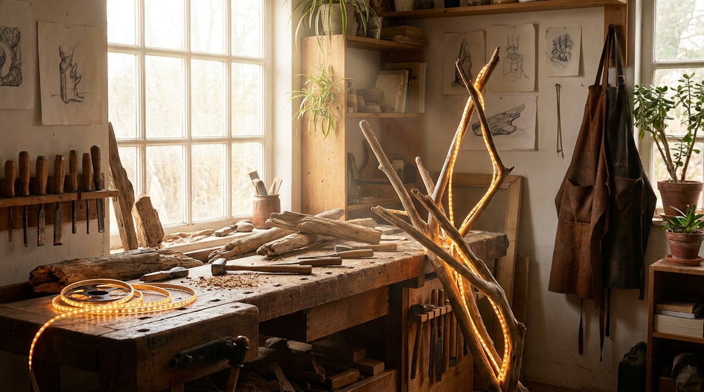A workbench with driftwood, tools, and a partially illuminated driftwood wall art piece.