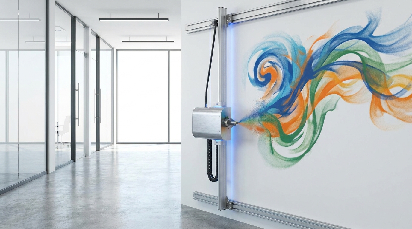 A robotic wall printer creating a colorful mural on an office wall.