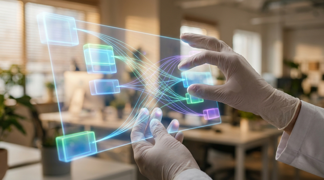 Hands interacting with a holographic display, assembling complex AI workflow diagrams.