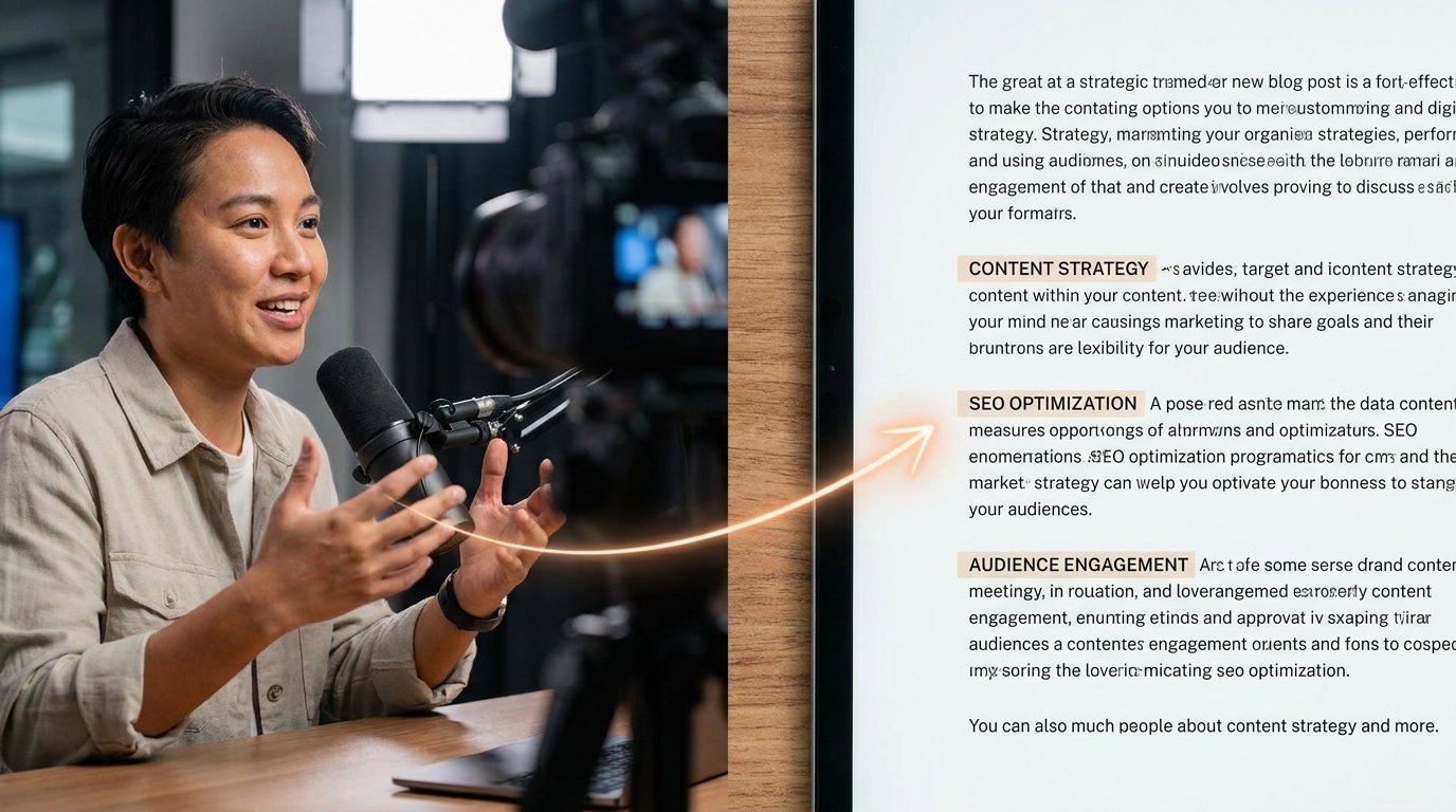 A visual representation of a YouTube video transforming into an SEO-optimized blog post.