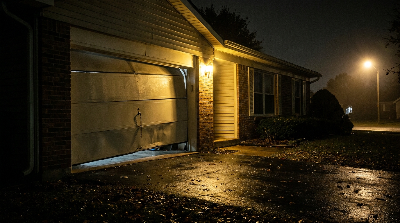 A broken residential garage door at night, dimly lit, symbolizing an urgent home service need.