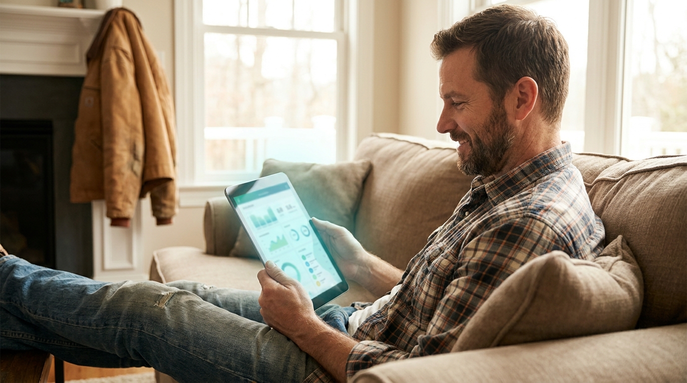 A small business owner relaxing at home while reviewing an AI agent's performance on a tablet.