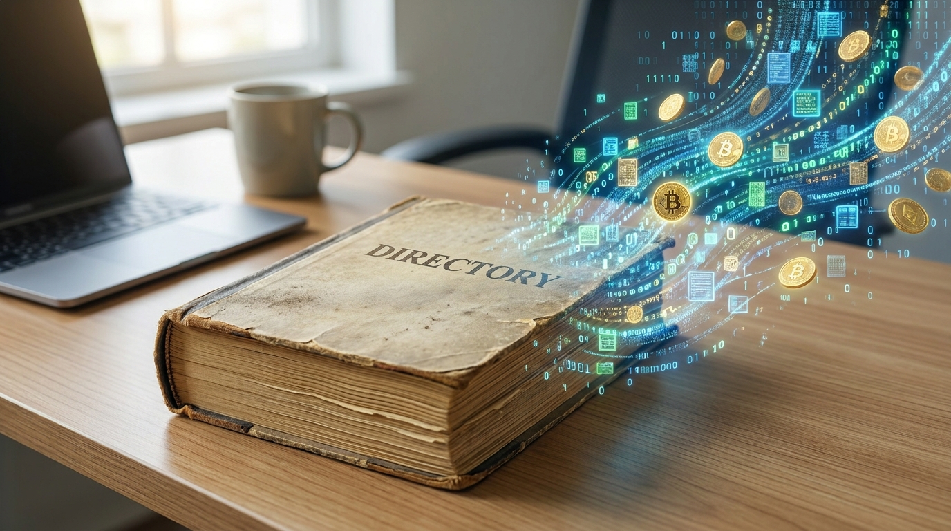 An old directory book transforming into glowing digital data and gold coins, symbolizing passive income from online dir…