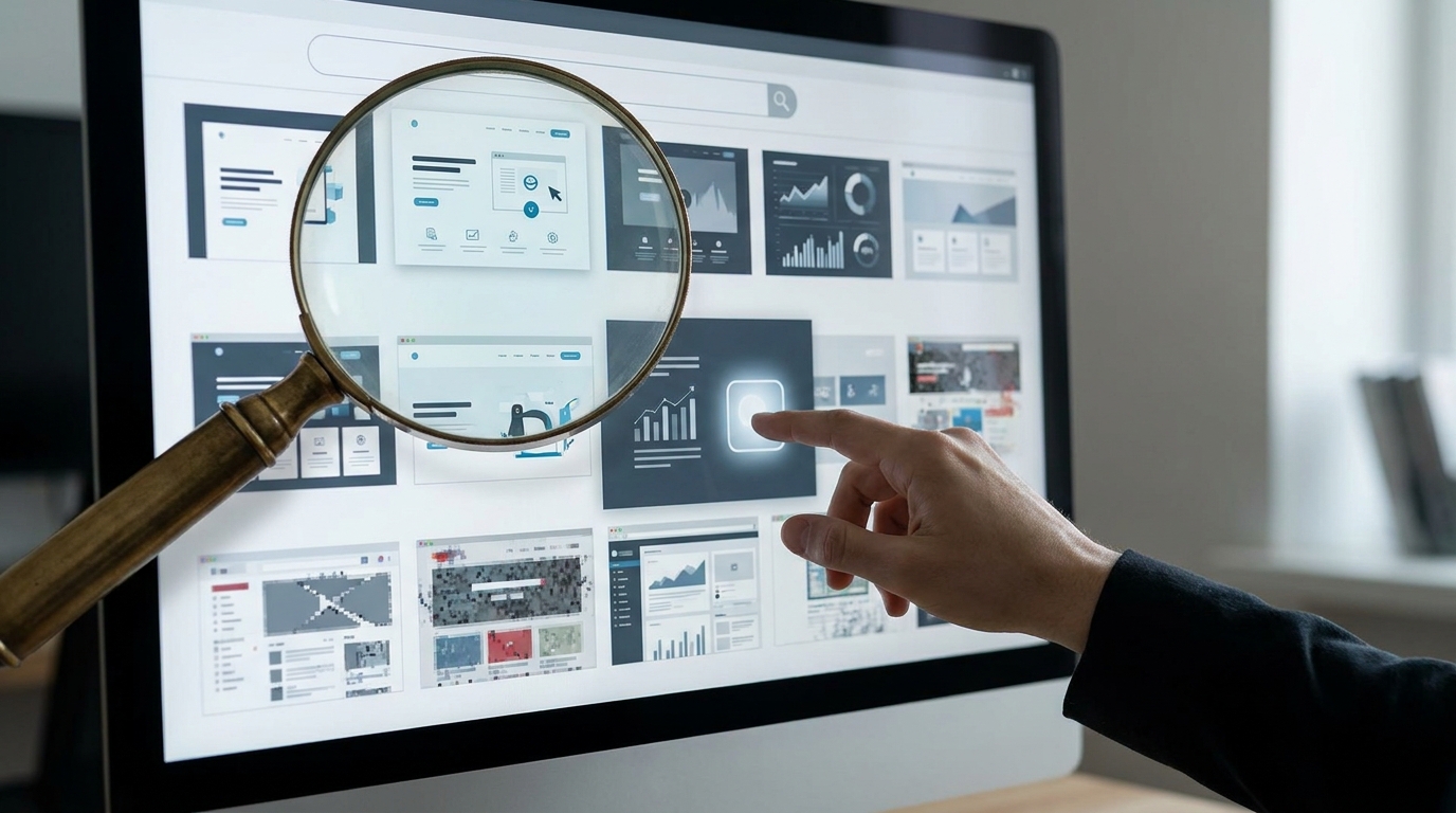 A computer screen showing search results with modern and outdated websites, with a magnifying glass, symbolizing the se…