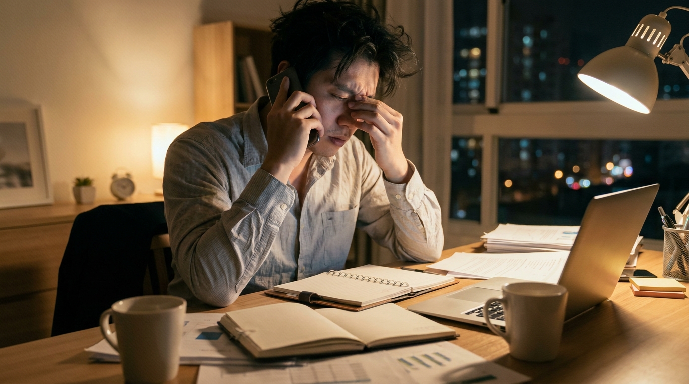 A stressed person on a late-night phone call in a messy home office, symbolizing the demands of active client work.