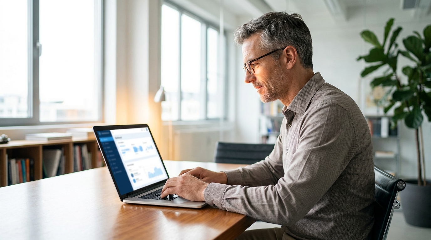A man setting up an AI voice agent on a laptop, focused on the screen in a modern office.