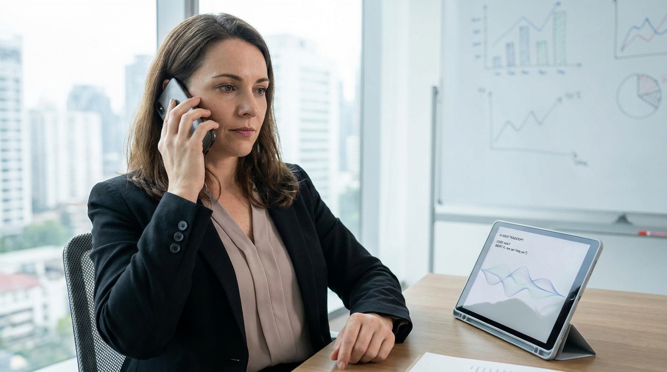 A woman testing an AI voice agent on her phone, reviewing a call transcript on a tablet.