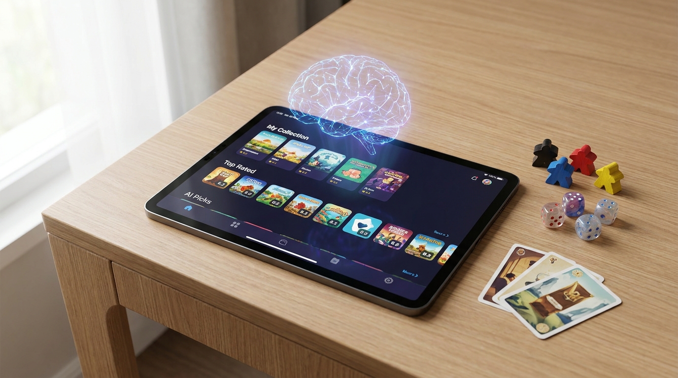 A tablet displaying an AI-powered board game tracking app, surrounded by board game pieces on a modern desk.