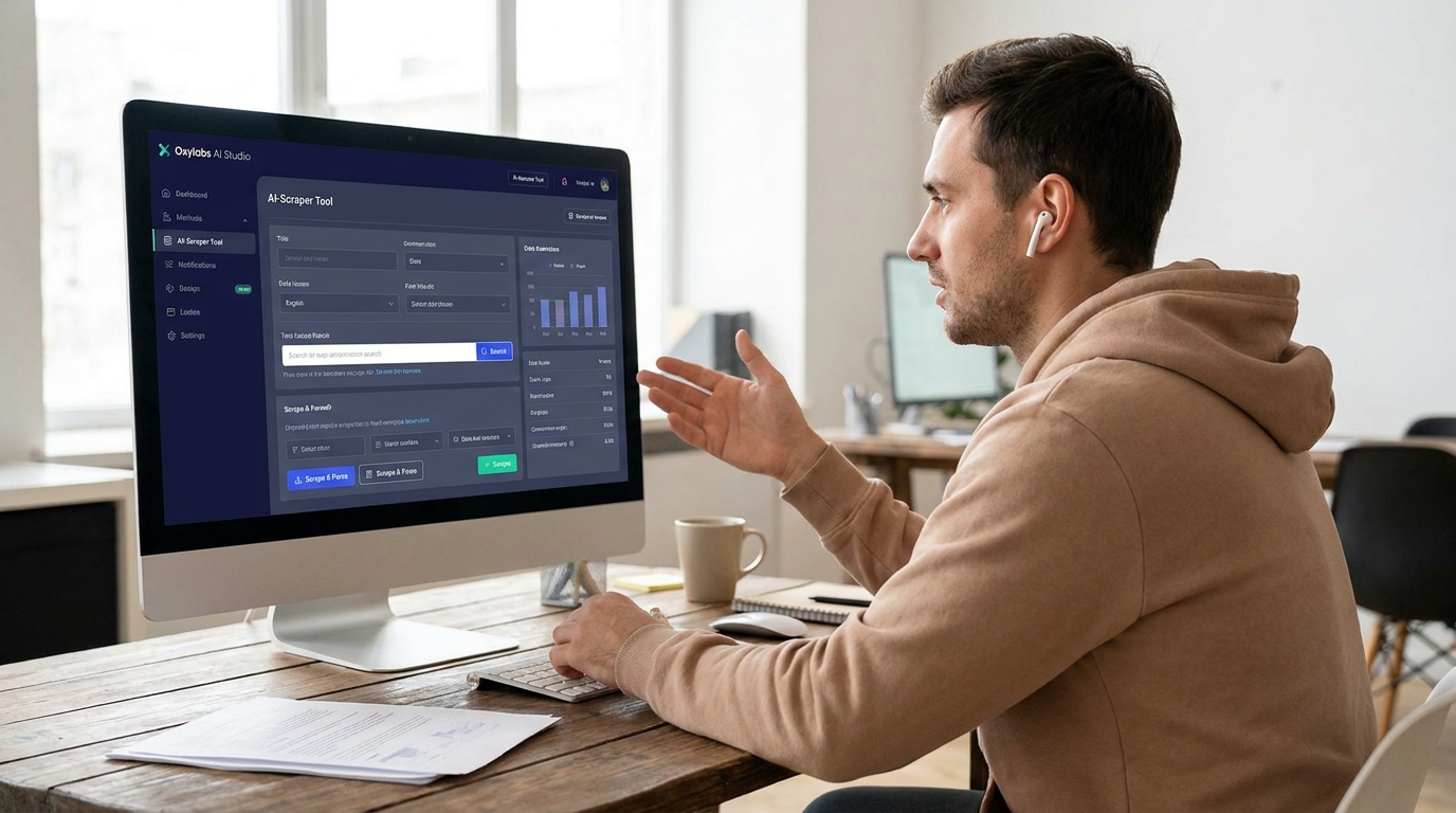 Man demonstrating Oxylabs AI Studio scraping tool on a computer screen.