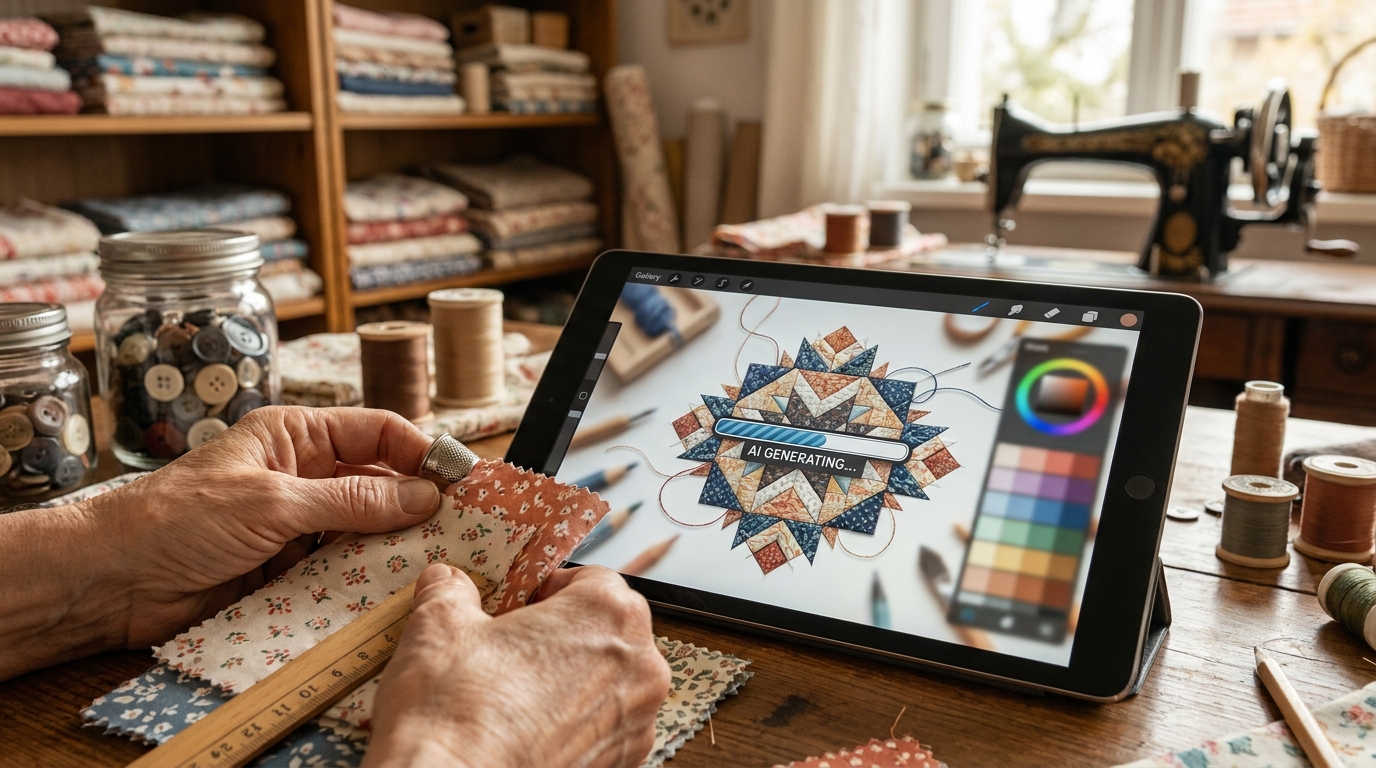 Hands touching colorful fabric swatches next to a tablet displaying an AI-generated quilt pattern.