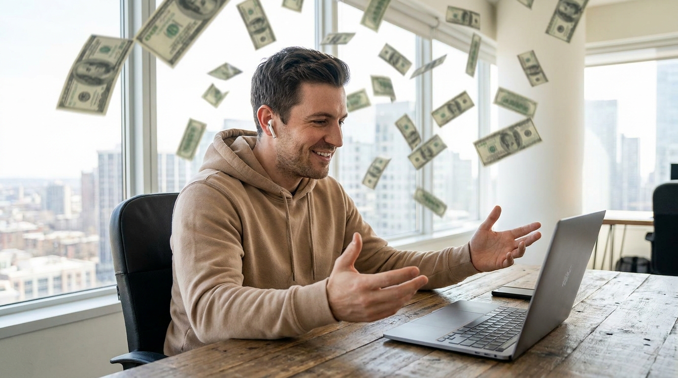Man with dollar bills falling around him, symbolizing making money.