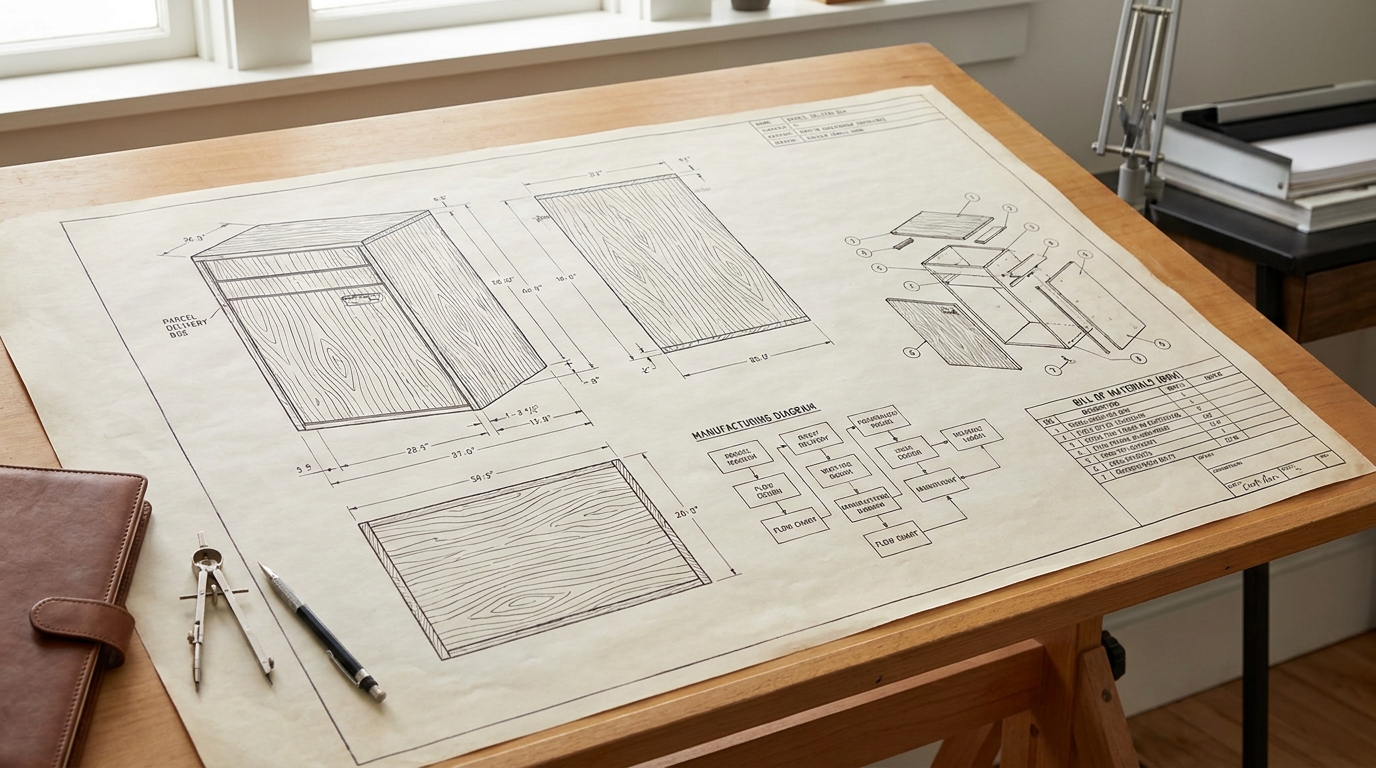 Accio-generated tech pack for a natural oak wood grain parcel delivery box.