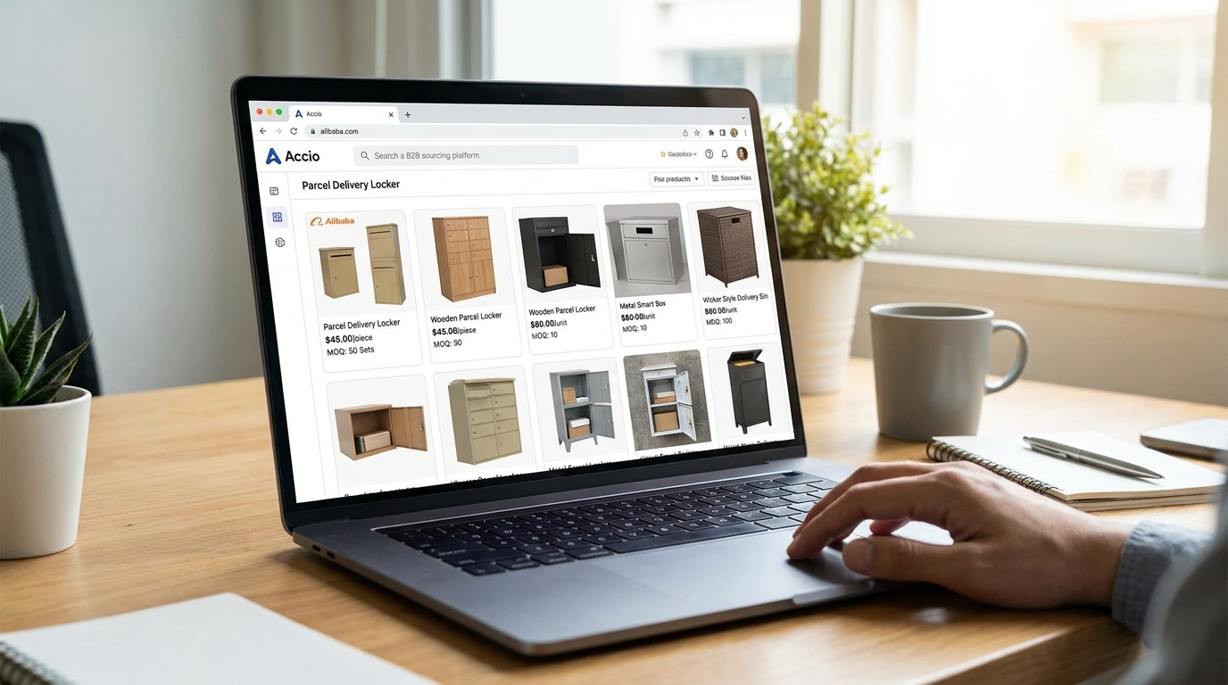 Accio interface showing diverse parcel delivery lockbox designs from Alibaba.