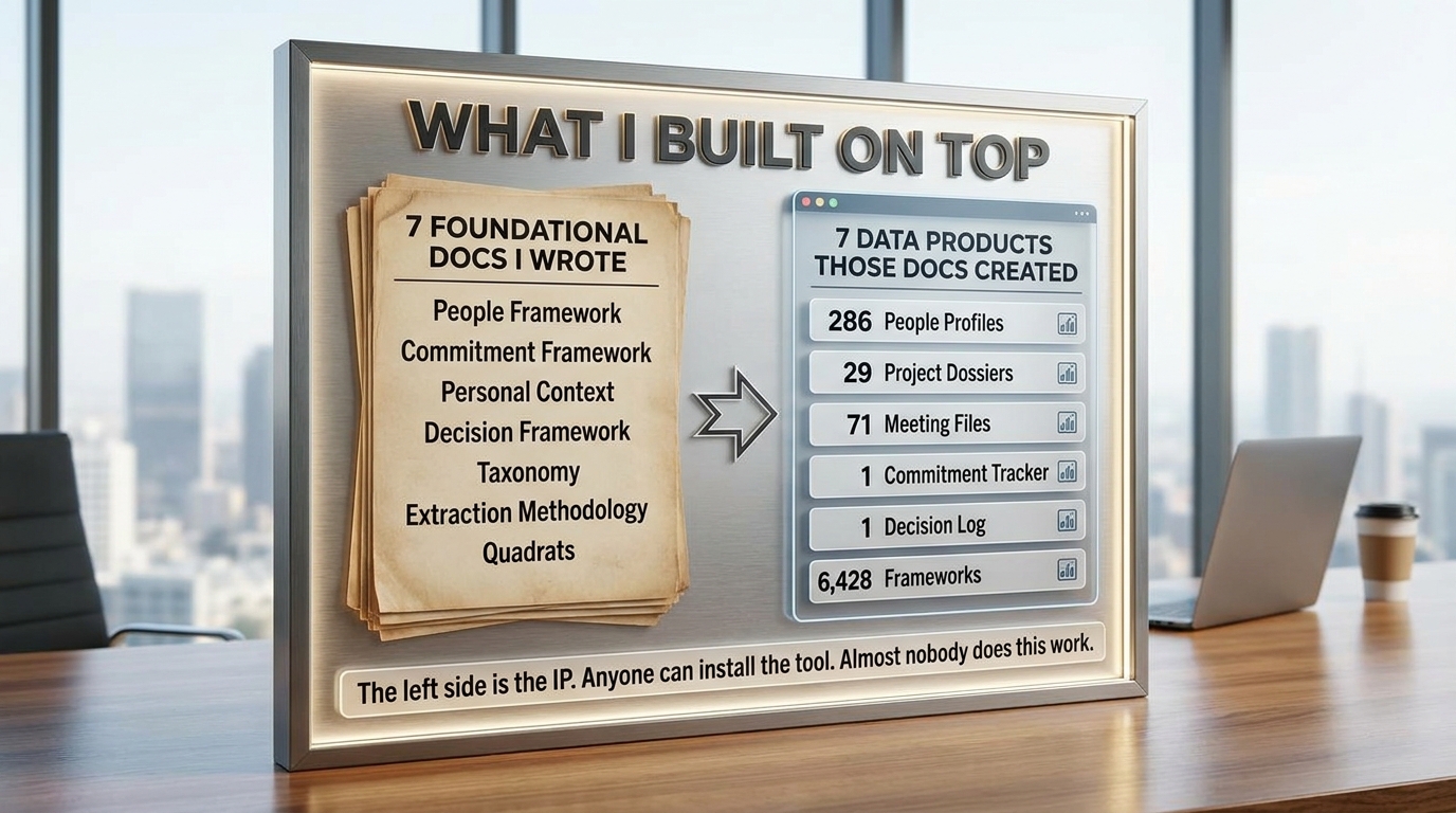Infographic detailing the foundational documents and data products created by the AI system, including people profiles,…