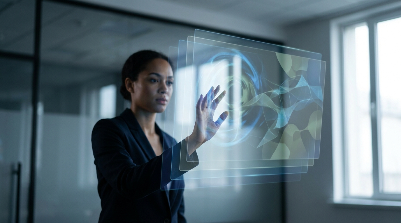 A person's hand interacting with a multi-layered, translucent holographic display, symbolizing the iterative refinement…