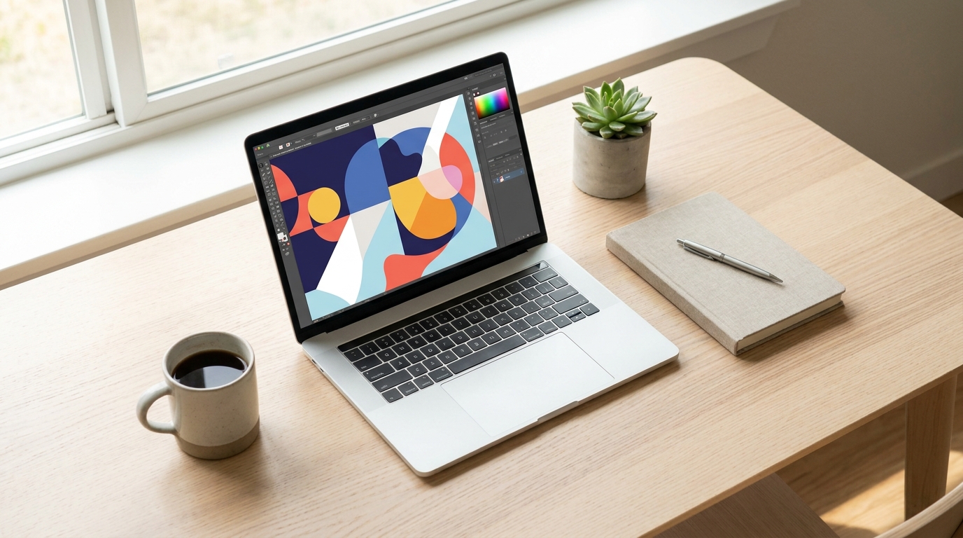 A clean, minimalist home office desk with a laptop displaying design software, symbolizing efficient solo entrepreneurs…