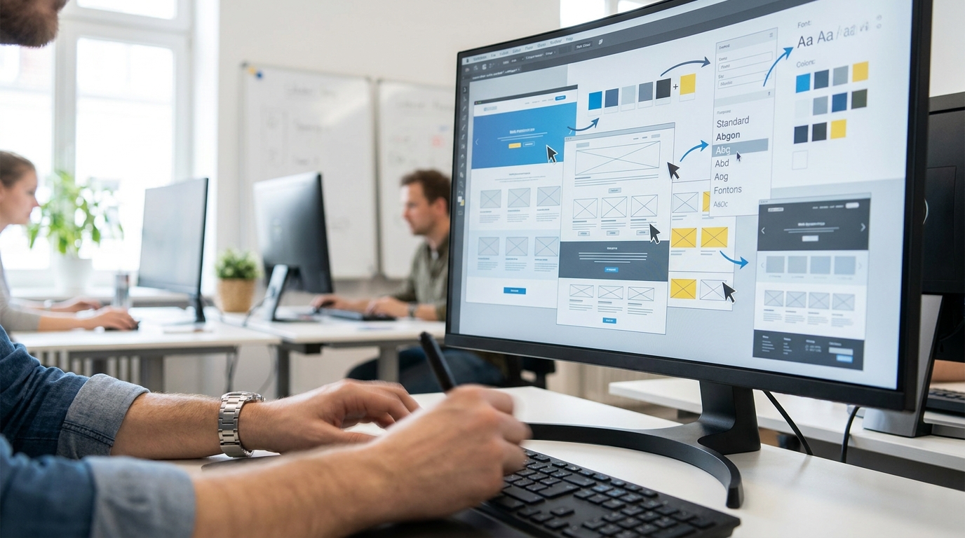 A designer's hands quickly working on a computer screen showing multiple design iterations, representing rapid producti…