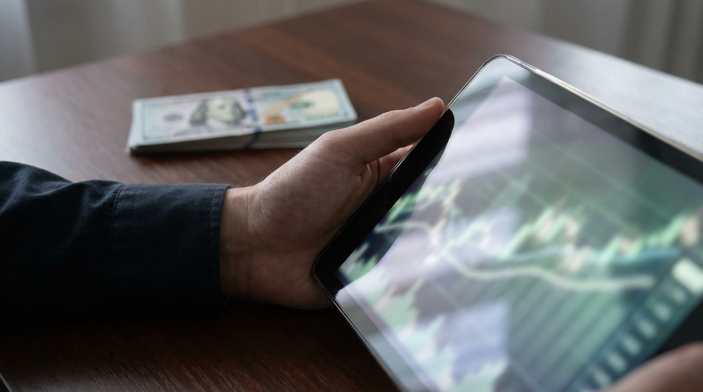 A hand holding a tablet displaying a stock portfolio, with out-of-focus money in the background.